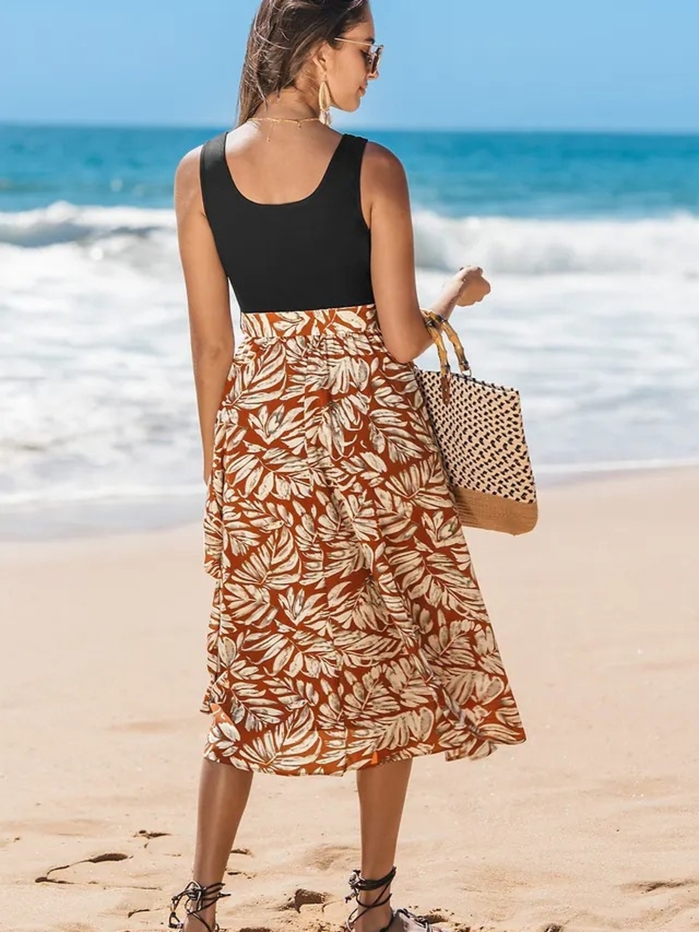 Cupshe Tropical Palms Square Neck Midi Dress Black/Rust Tie-Waist Womens Medium - Picture 2 of 11